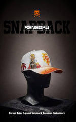 White and orange Rengoku snapback hat with character embroidery and a flaming SF logo.