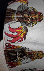 Macro shot of Rengoku character embroidery in multiple action poses on a white streetwear cap.