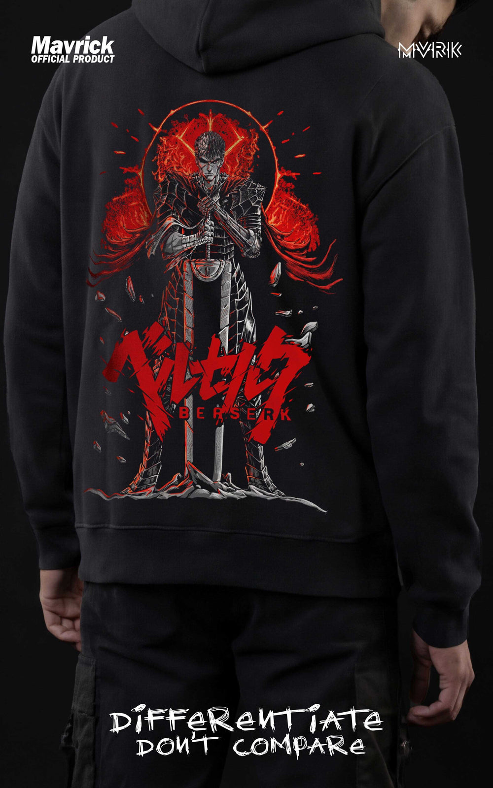 Back view of a model wearing a Mavrick official black streetwear hoodie featuring a large red and grey Guts "Berserk" manga illustration with Japanese kanji, styled with black cargo pants in a dark studio setting.