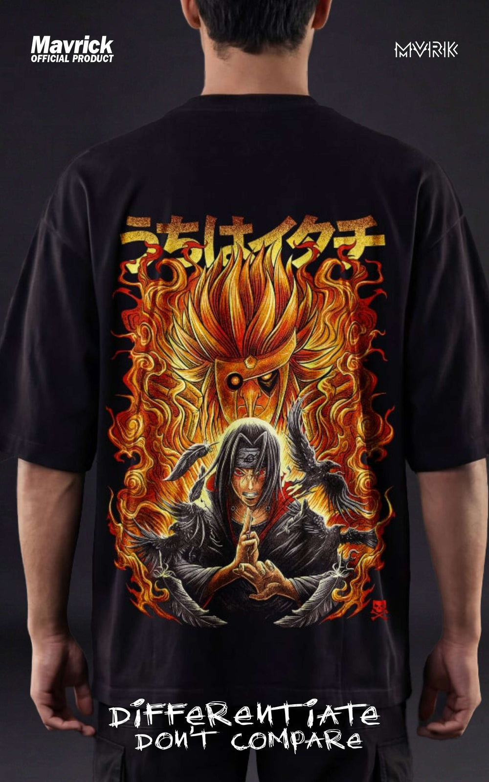 Back view of a model in a black heavyweight oversized t-shirt featuring Itachi Uchiha with a flaming orange Susanoo, black crows, and Japanese kanji streetwear design.