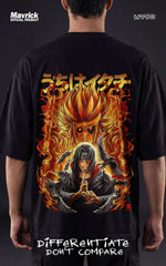 Back view of a model in a black heavyweight oversized t-shirt featuring Itachi Uchiha with a flaming orange Susanoo, black crows, and Japanese kanji streetwear design.