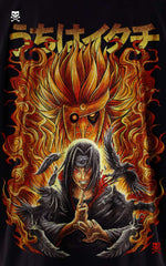 Closeup view of a model in a black heavyweight oversized t-shirt featuring Itachi Uchiha with a flaming orange Susanoo, black crows, and Japanese kanji streetwear design.