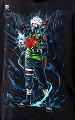 High-definition close-up of the Kakashi Hatake anime back print on a black hoodie, showing the character with a Sharingan glow and blue energy aura.