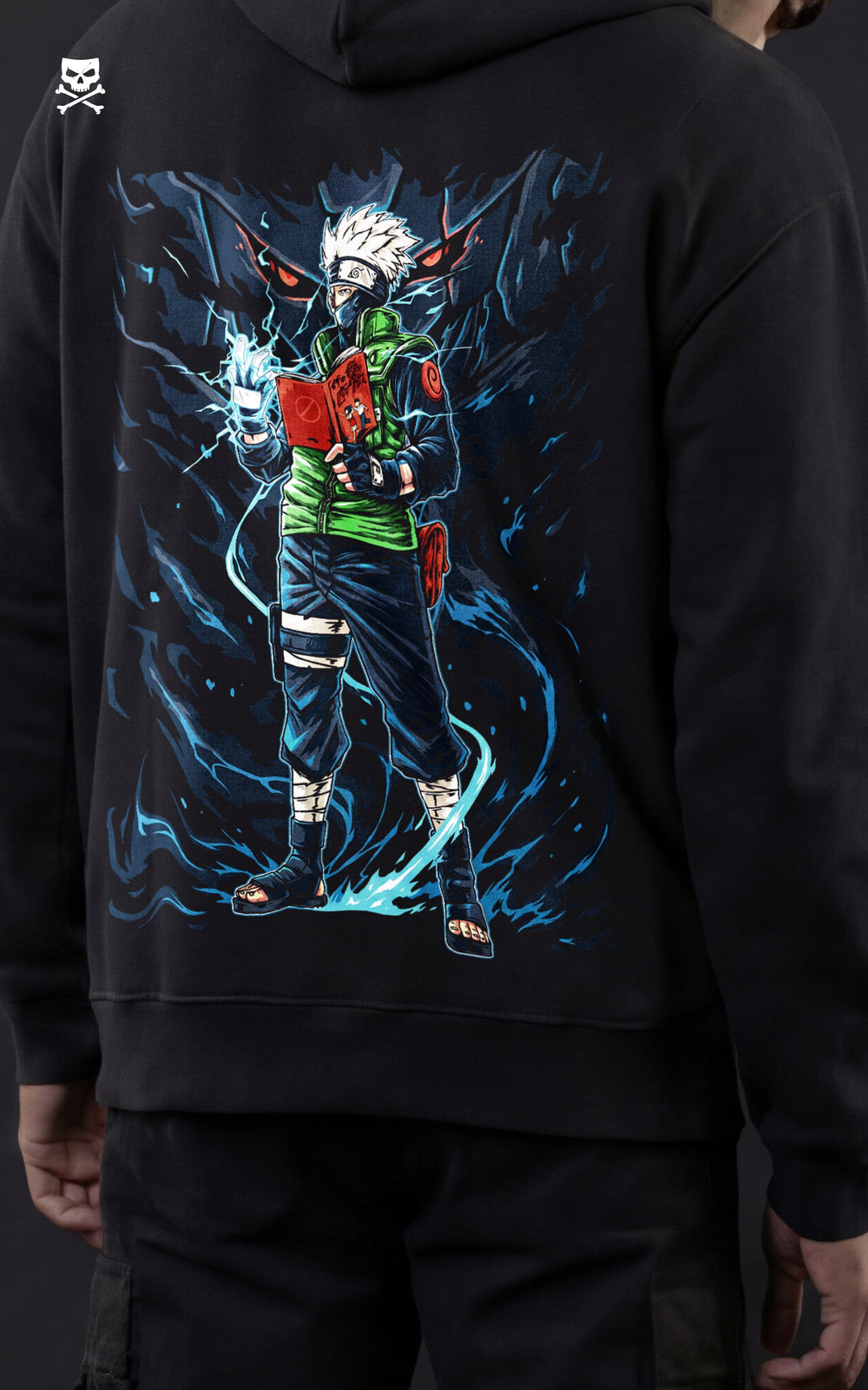 Front view of a model in a crouched pose wearing a Mavrick Kakashi Hatake hoodie with a blue lightning-style Chidori MVRK logo on the chest.