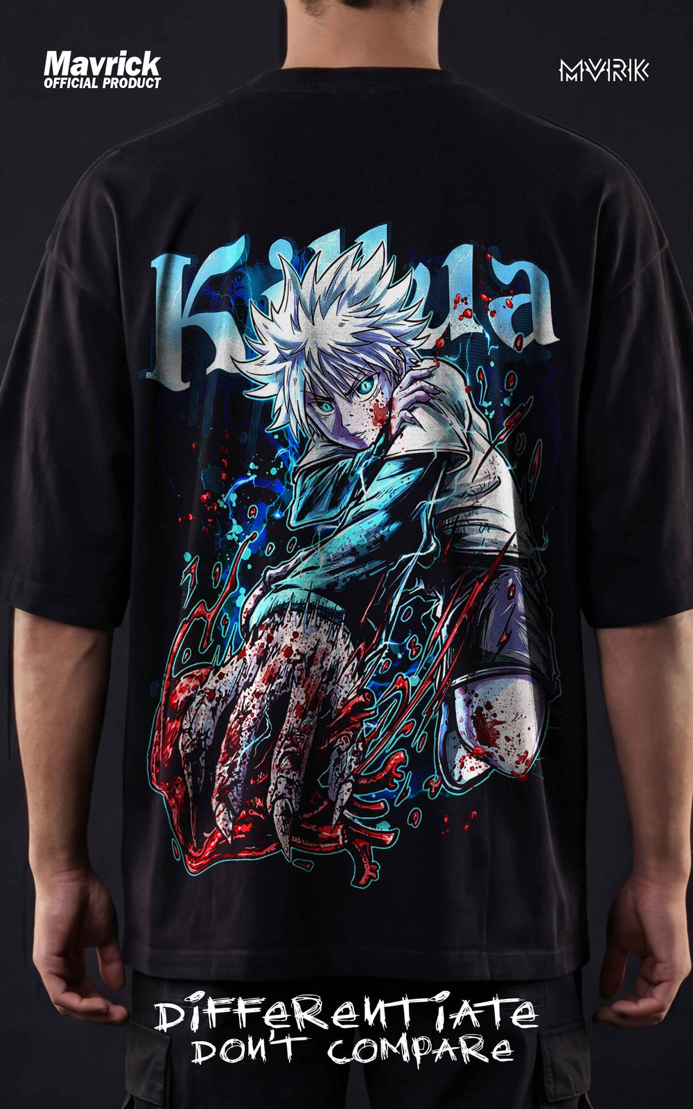 Back view of a black oversized t-shirt showing a large anime graphic with blue lightning and the text "Differentiate Don't Compare".