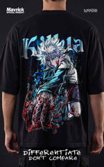 Back view of a black oversized t-shirt showing a large anime graphic with blue lightning and the text "Differentiate Don't Compare".