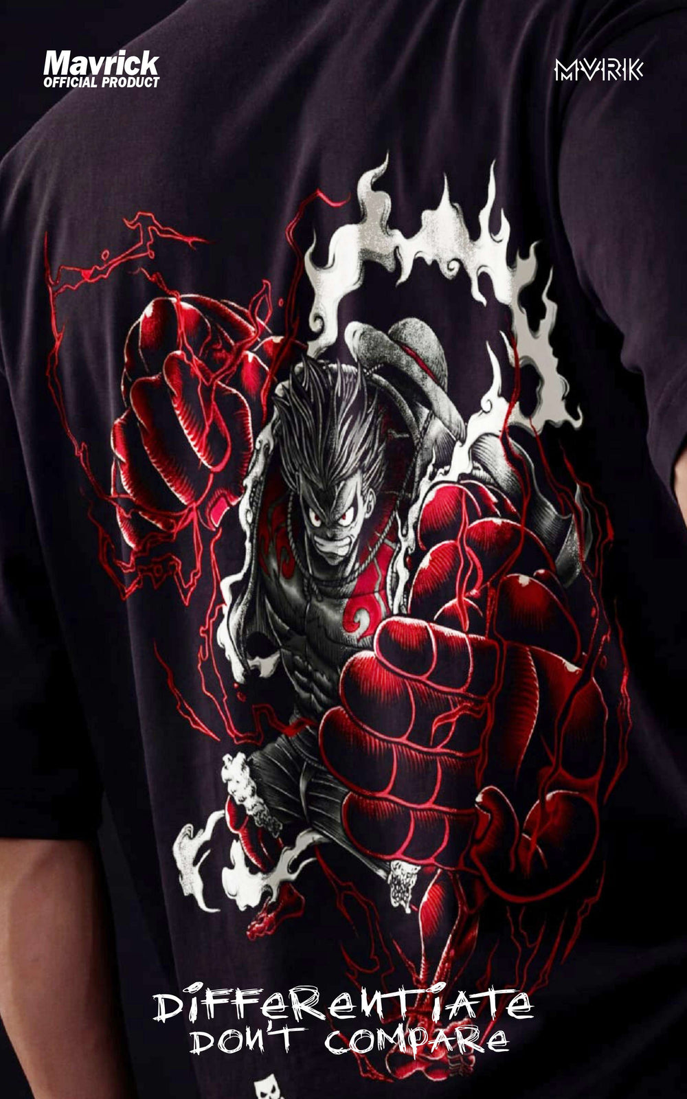 Side-angled view of a drop-shoulder black tee featuring Luffy in Gear 4 Bounceman with red Haki energy and steam effects.