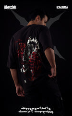 Back view of a drop-shoulder black tee featuring Luffy in Gear 4 Bounceman with red Haki energy and steam effects.