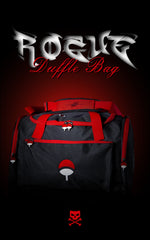 Full front view of the Naruto-themed Rogue Duffle Bag in black and red, featuring the Uchiha clan crest, Sharingan zipper pulls, and "Rogue" stylized text.