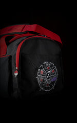 Side view of the Uchiha travel bag showcasing a circular graphic collage of various Mangekyou Sharingan and Rinnegan eyes with a vibrant red shoulder strap.