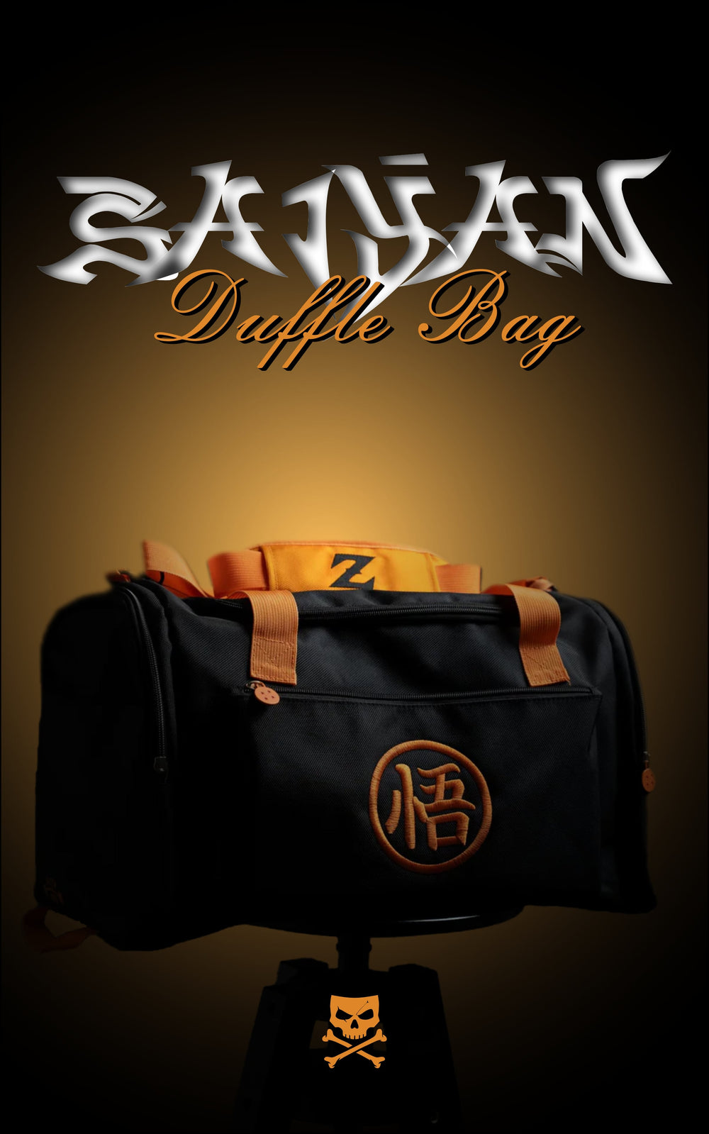 Full view of the black and orange Saiyan Duffle Bag featuring a large embroidered Goku "Go" Kanji symbol on the front pocket and vibrant orange straps.
