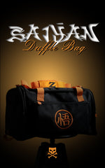 Full view of the black and orange Saiyan Duffle Bag featuring a large embroidered Goku "Go" Kanji symbol on the front pocket and vibrant orange straps.