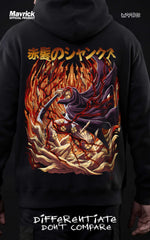 Back view of a model in a black Mavrick official product hoodie featuring a large, vibrant Shanks graphic with a golden dragon, Japanese kanji, and the Red-Haired Pirates symbol.