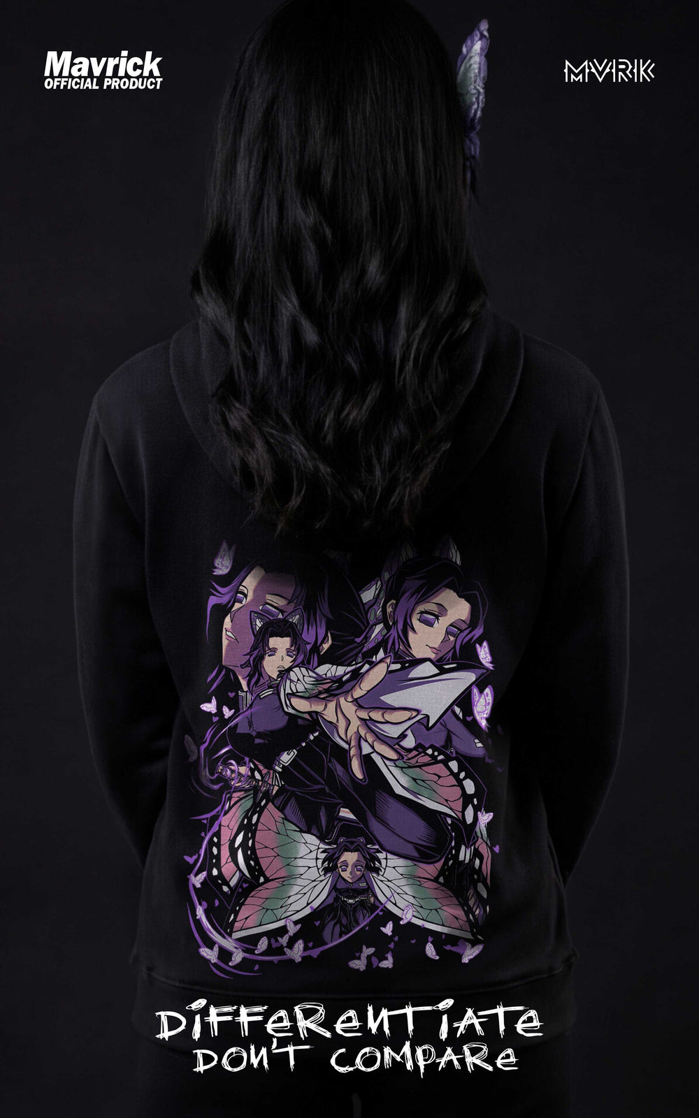 Full back view of a woman in a Shinobu Kocho anime hoodie standing against a dark background with large butterfly wing silhouettes and "Differentiate Don't Compare" text.