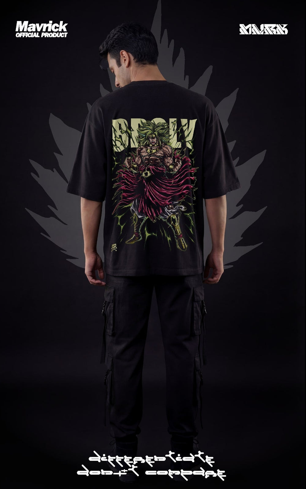 Back view of a male model in a drop-shoulder black shirt featuring a Legendary Super Saiyan Broly graphic with neon green energy bursts.