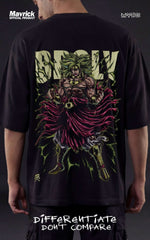 Back view of a male model in a drop-shoulder black shirt featuring a Legendary Super Saiyan Broly graphic with neon green energy bursts.