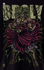 Closeup view of a male model in a drop-shoulder black shirt featuring a Legendary Super Saiyan Broly graphic with neon green energy bursts.