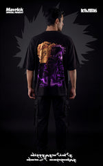 Back view of a black streetwear tee with a split-tone graphic of Dabi's blue and purple cremation flames and "Dance in Hell" text.