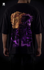 Closeupview of a black streetwear tee with a split-tone graphic of Dabi's blue and purple cremation flames and "Dance in Hell" text.