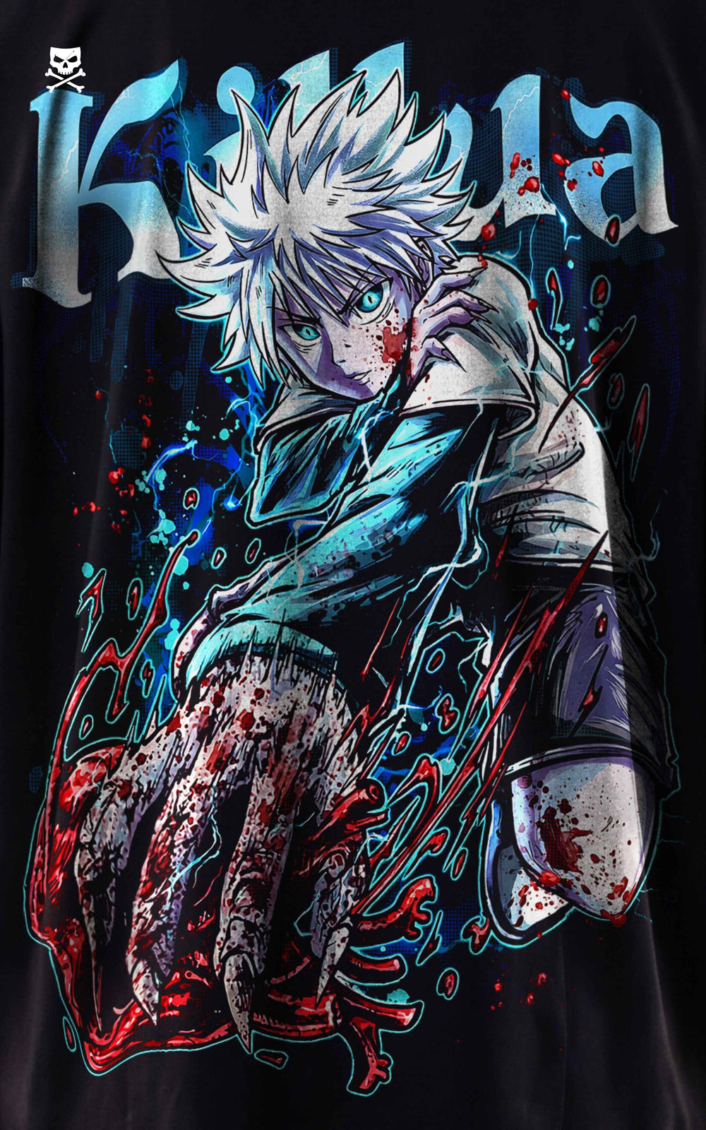 Detailed close-up of a vibrant anime graphic on a t-shirt featuring a character with white hair and blue electricity effects.