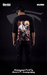 Back view of a male model wearing a boxy fit black anime shirt showcasing the legacy of Minato, Naruto, and Boruto Uzumaki with the Hidden Leaf Will of Fire graphic.