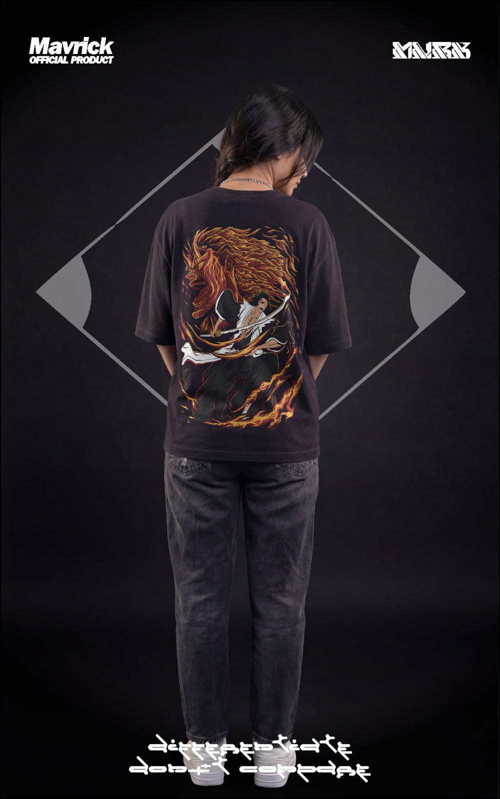 Female model in a heavyweight black t-shirt featuring a demonic Bankai graphic of Kenpachi Zaraki with orange spiritual energy.