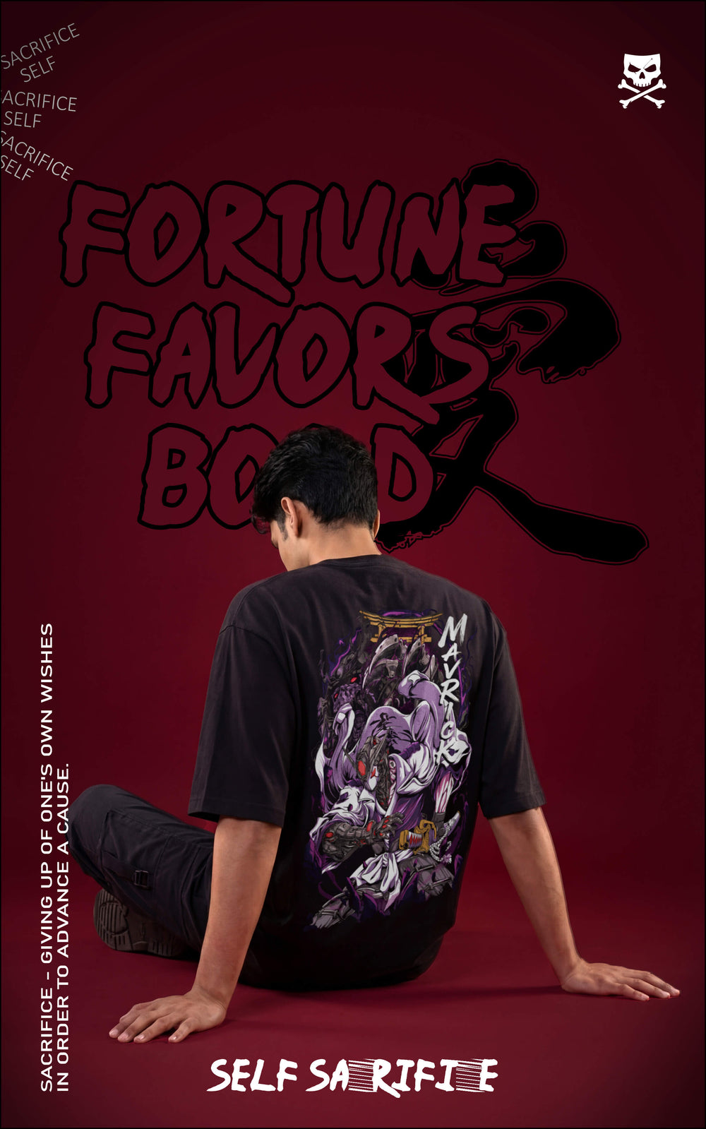 Male model sitting on a maroon floor wearing an oversized black streetwear t-shirt with a detailed purple anime samurai back graphic. The background features bold "FORTUNE FAVORS BOLD" and "SELF SACRIFICE" typography.