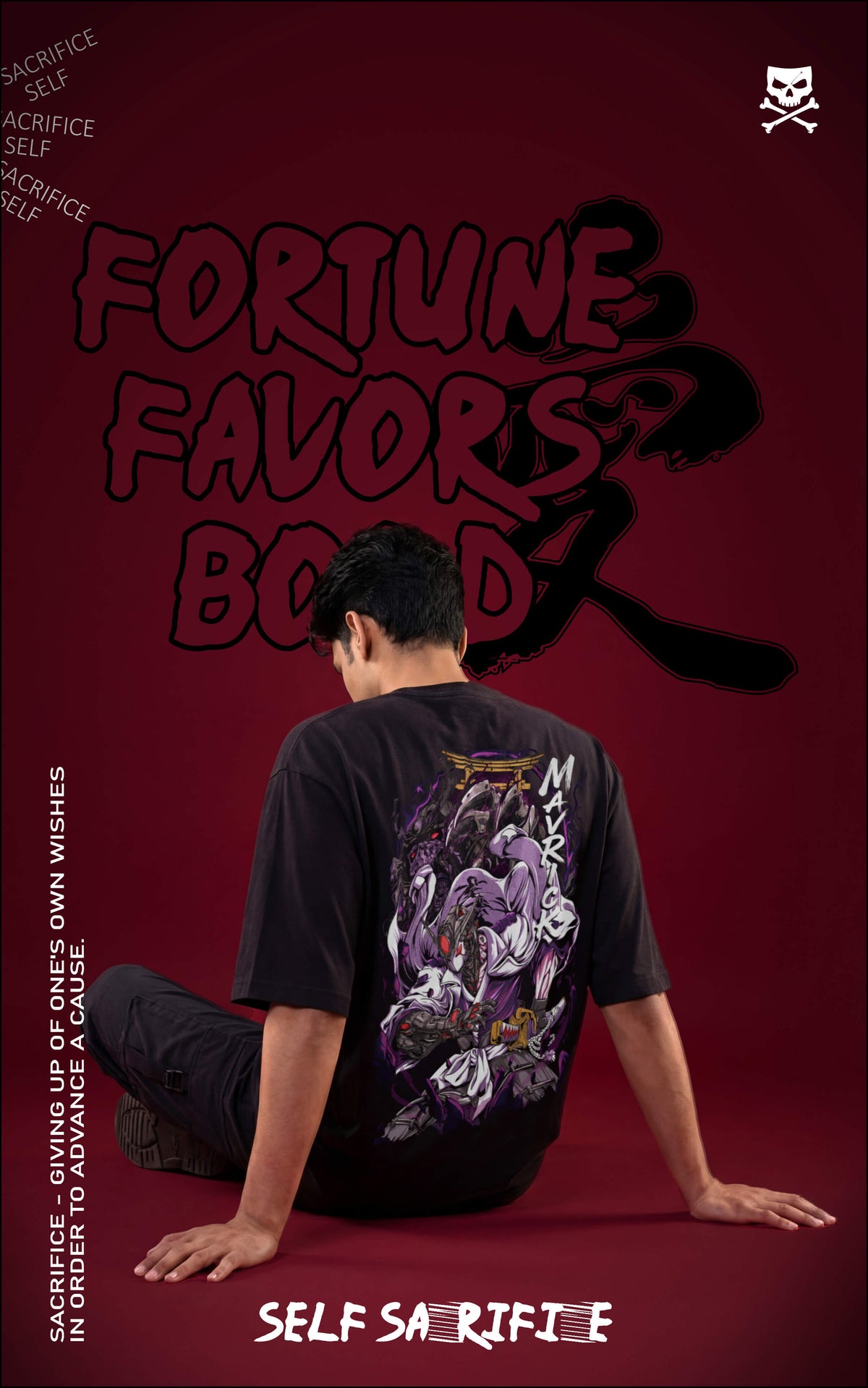 Male model sitting on a maroon floor wearing an oversized black streetwear t-shirt with a detailed purple anime samurai back graphic. The background features bold "FORTUNE FAVORS BOLD" and "SELF SACRIFICE" typography.