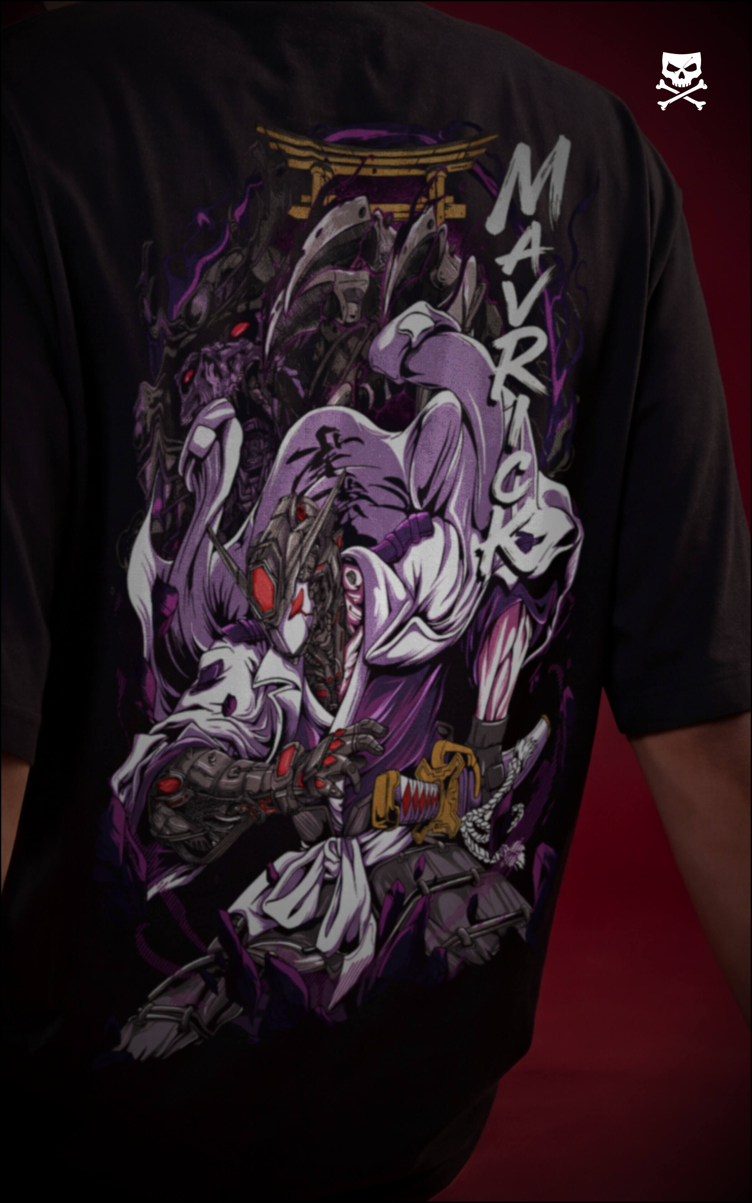 Close-up of a high-detail purple and white back print on a black t-shirt depicting a robotic samurai warrior under a golden torii gate. Vertical "MAVERICK" lettering is integrated into the Japanese-inspired anime 