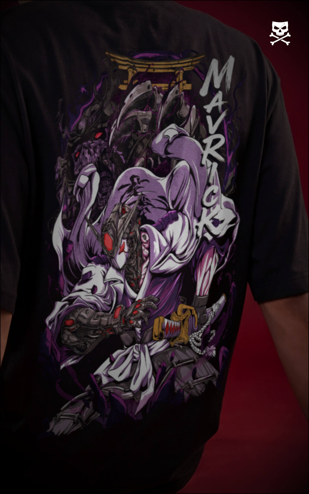 Close-up of a high-detail purple and white back print on a black t-shirt depicting a robotic samurai warrior under a golden torii gate. Vertical "MAVERICK" lettering is integrated into the Japanese-inspired anime 