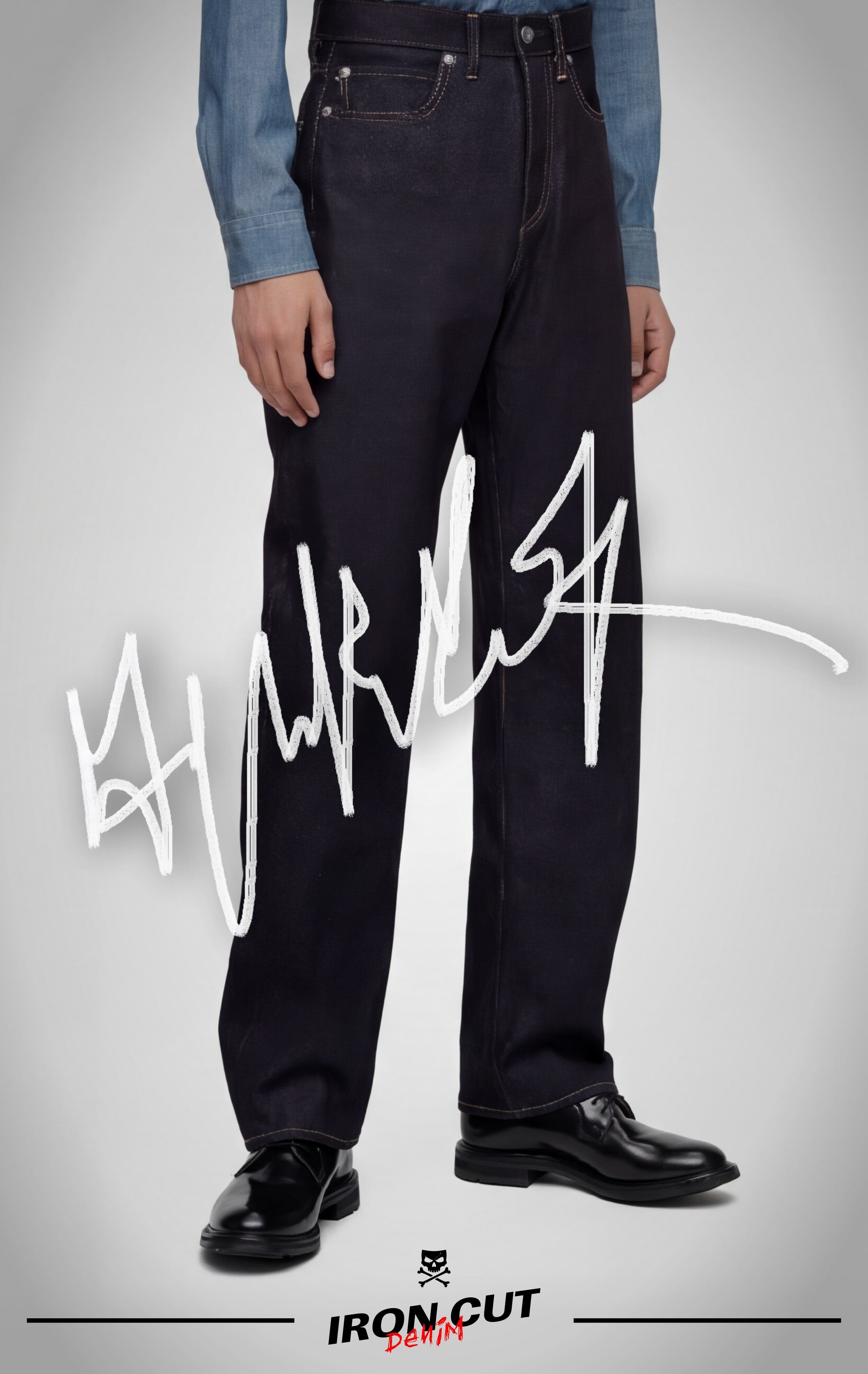 Model wearing IRON CUT dark indigo straight-leg selvedge jeans.