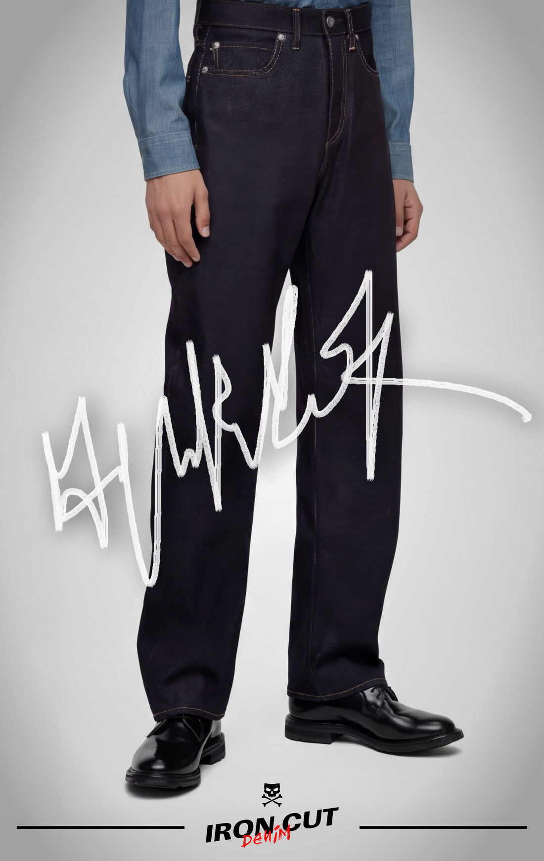 Model wearing IRON CUT dark indigo straight-leg selvedge jeans.
