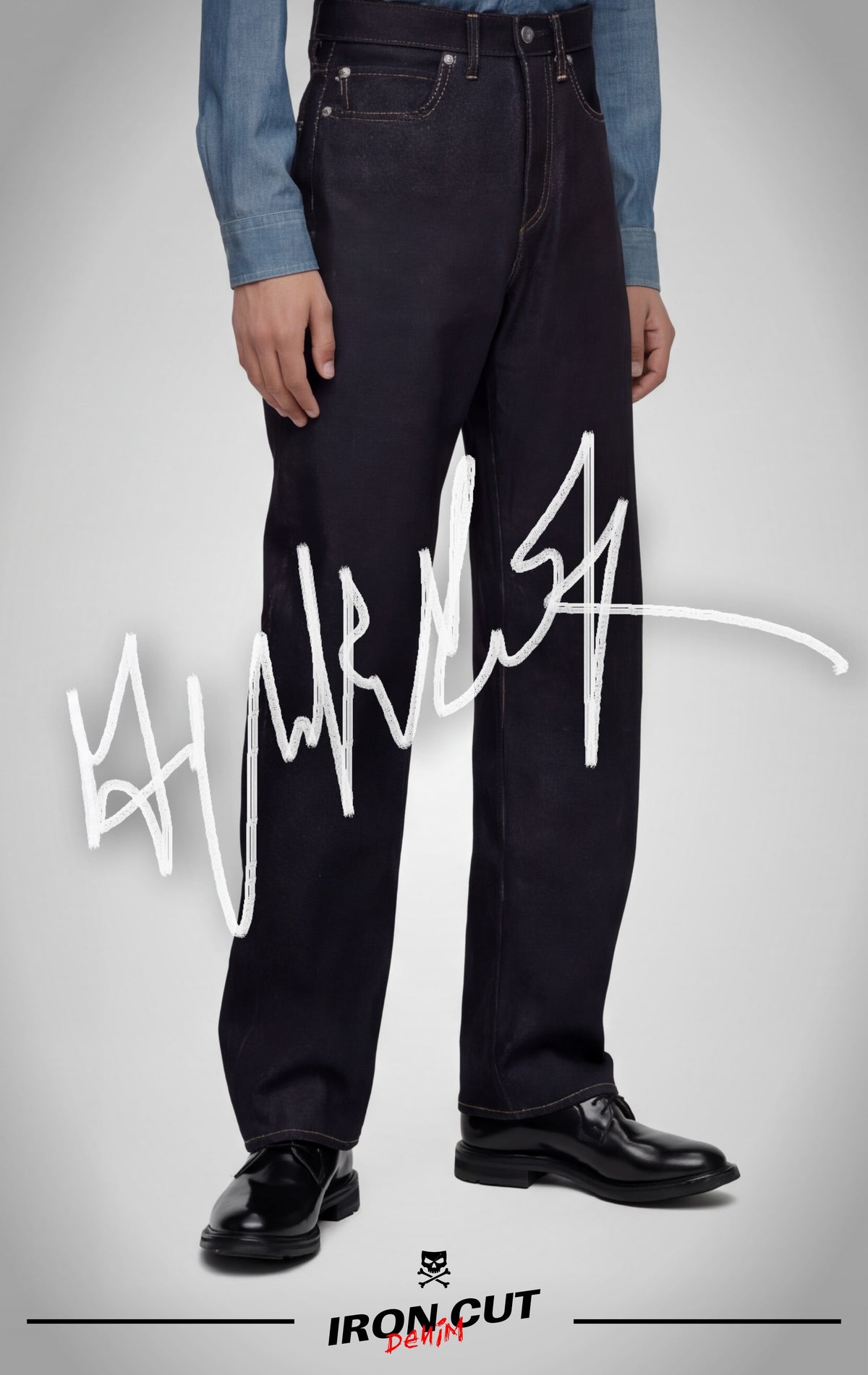 Model wearing IRON CUT dark indigo straight-leg selvedge jeans.