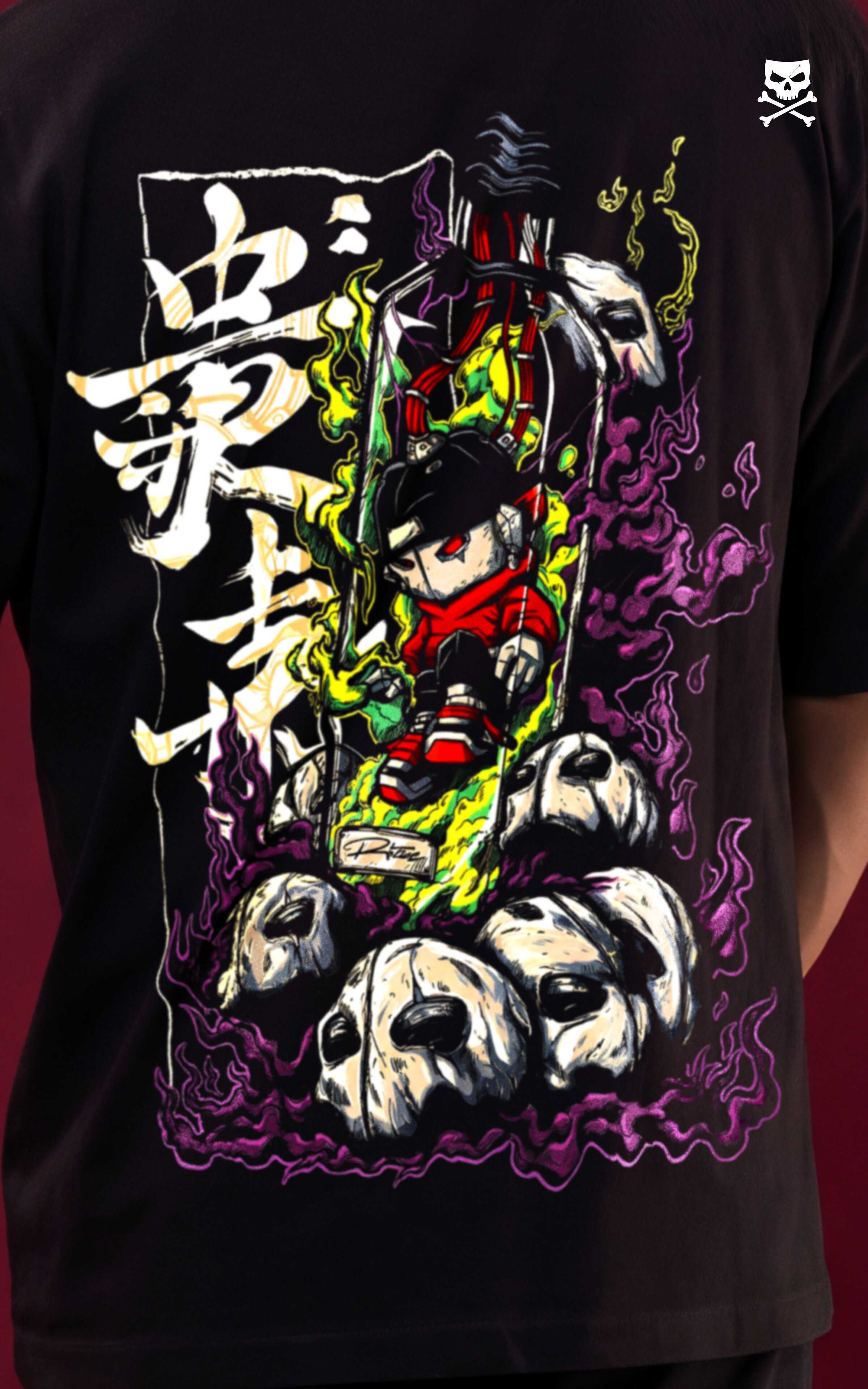 Close-up of a vibrant back graphic on a black t-shirt featuring an anime-style character in a gas mask surrounded by neon green toxic fumes, purple smoke, and white skulls. Bold Japanese kanji characters are integrated into the streetwear illustration.

