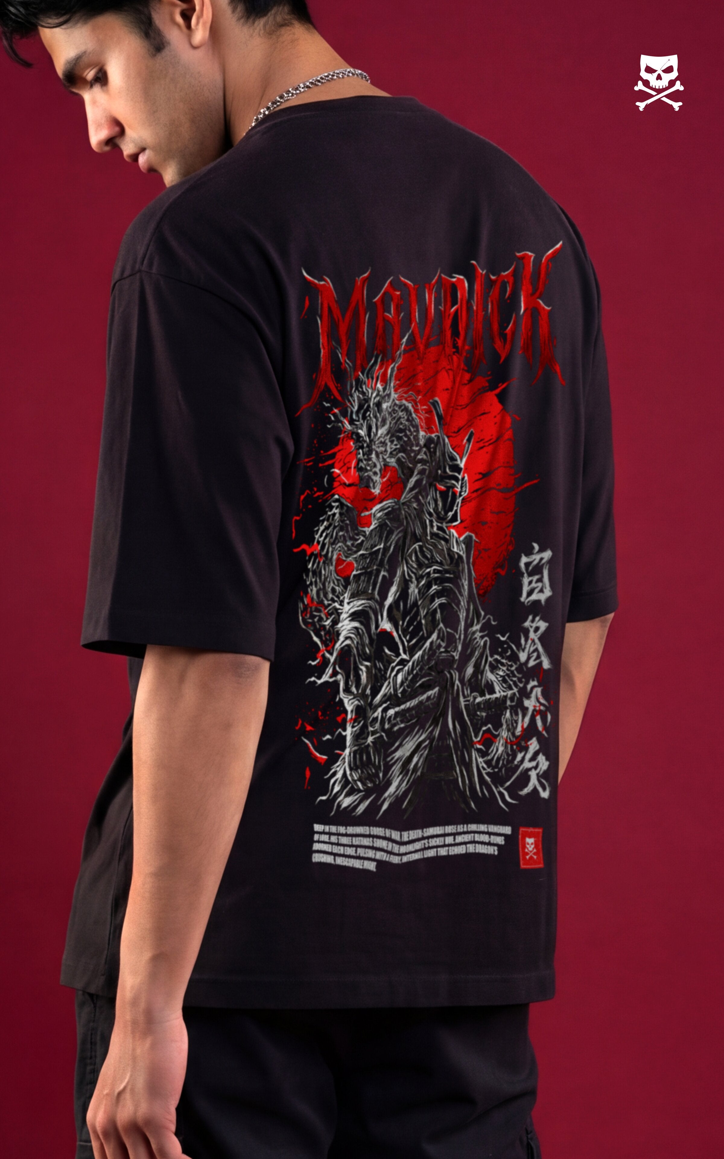Rear view of a model in a black streetwear t-shirt with a detailed "Death Samurai" back graphic featuring a skeletal warrior, a red sun, and a coiled dragon. The background shows large "DEATH SAMURAI" typography and an illustration of a black dragon on a maroon backdrop.