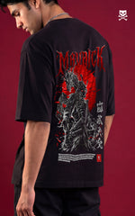 Rear view of a model in a black streetwear t-shirt with a detailed "Death Samurai" back graphic featuring a skeletal warrior, a red sun, and a coiled dragon. The background shows large "DEATH SAMURAI" typography and an illustration of a black dragon on a maroon backdrop.