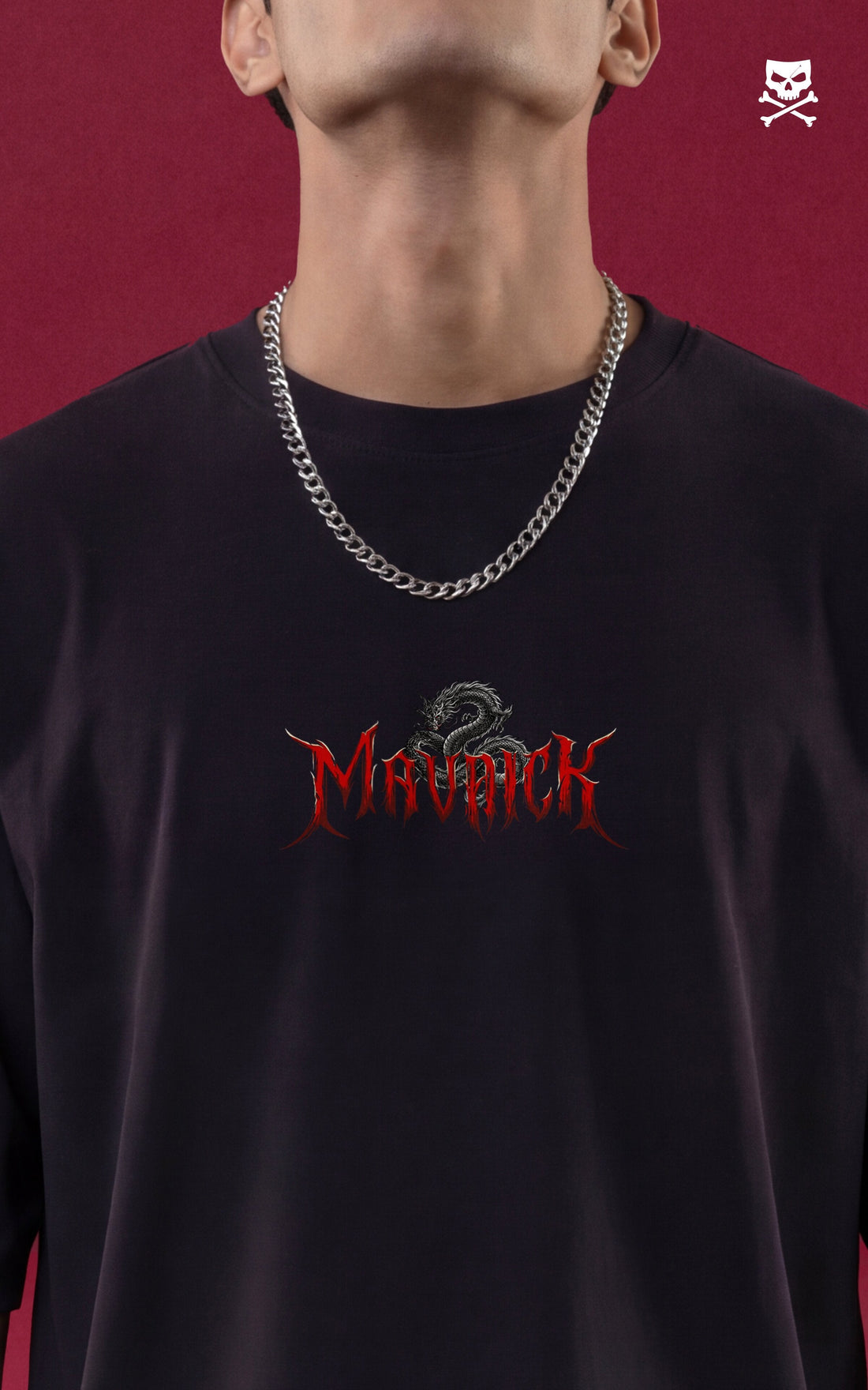 Rear view of a model in a black streetwear t-shirt with a detailed "Death Samurai" back graphic featuring a skeletal warrior, a red sun, and a coiled dragon. The background shows large "DEATH SAMURAI" typography and an illustration of a black dragon on a maroon backdrop.
