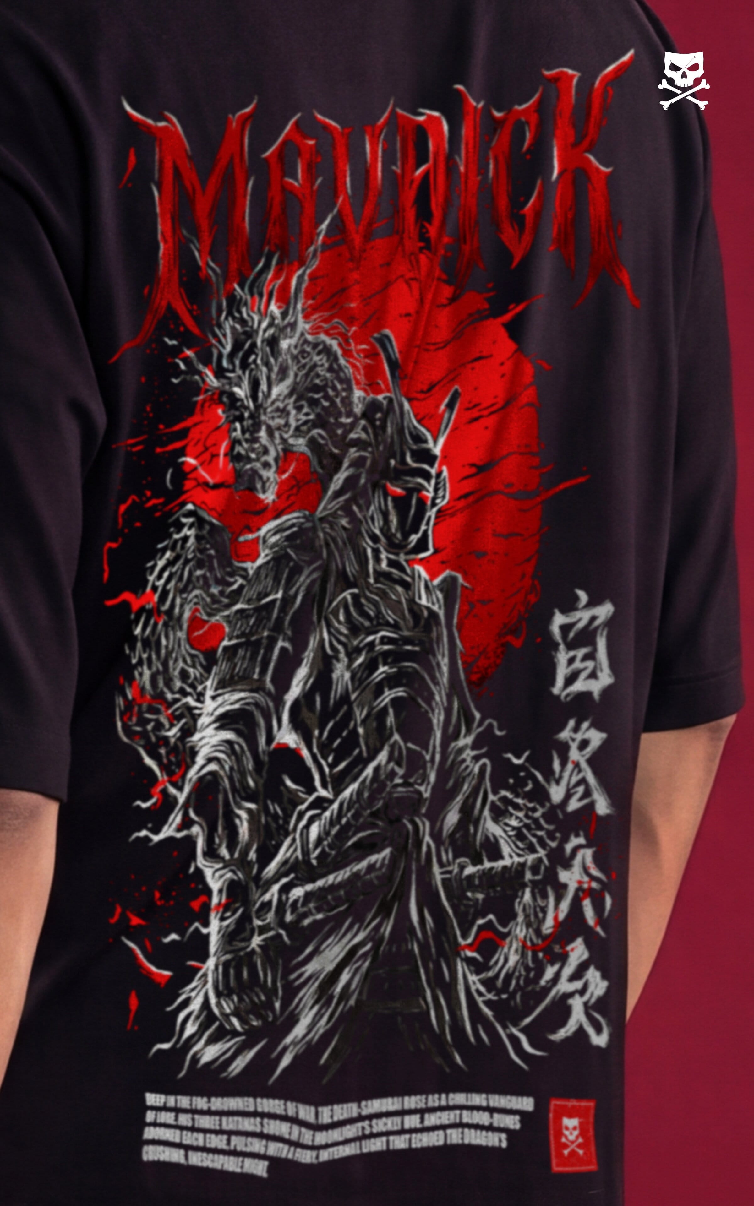 Detailed close-up of the "Death Samurai" back print on a black cotton tee. The high-contrast graphic displays an armored samurai with glowing red eyes standing before a large red sun, flanked by Japanese kanji and a monochrome dragon.