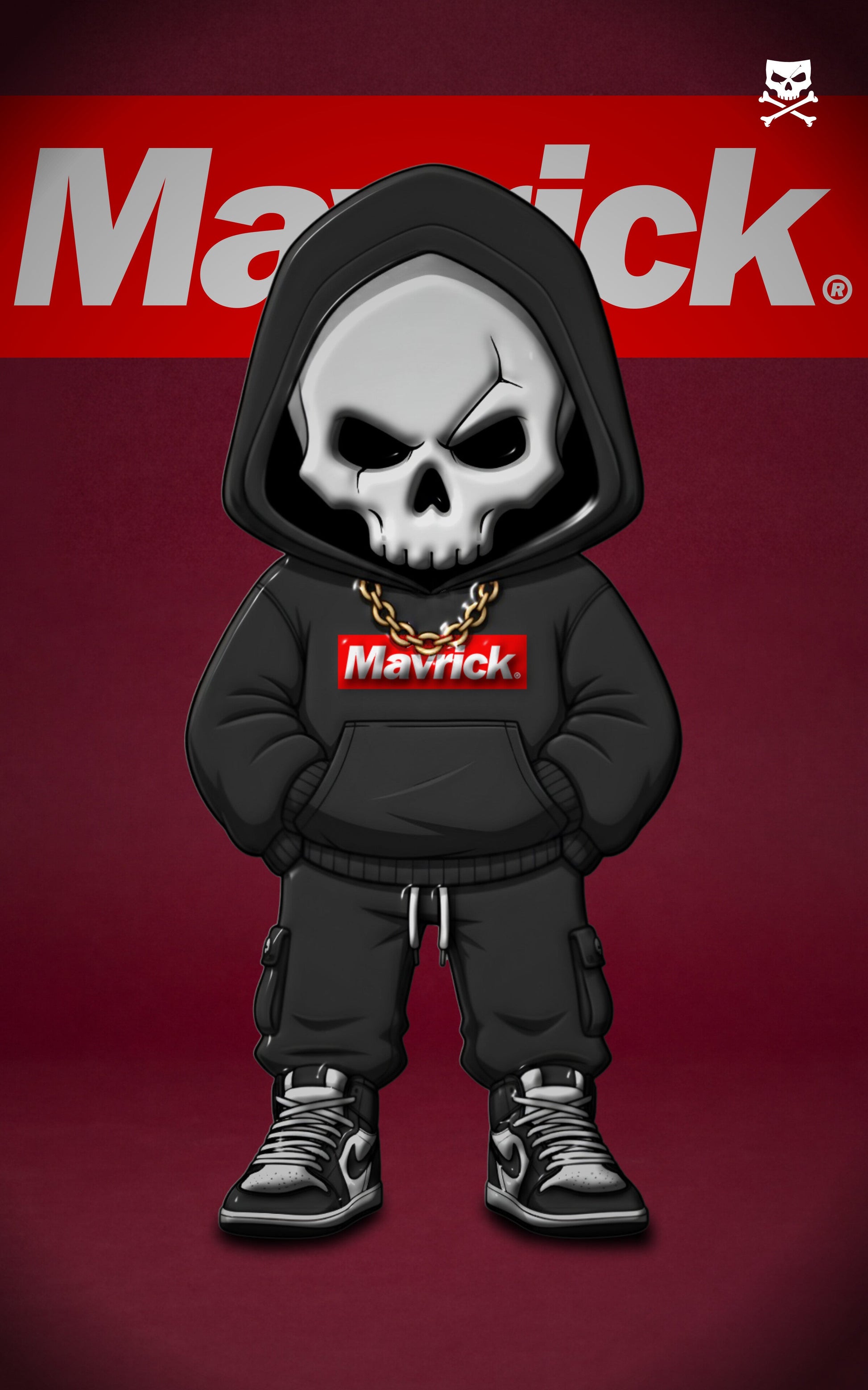 Creative streetwear illustration of a skull character wearing a black Mavrick hoodie, cargo joggers, and sneakers, set against a branded maroon backdrop.

