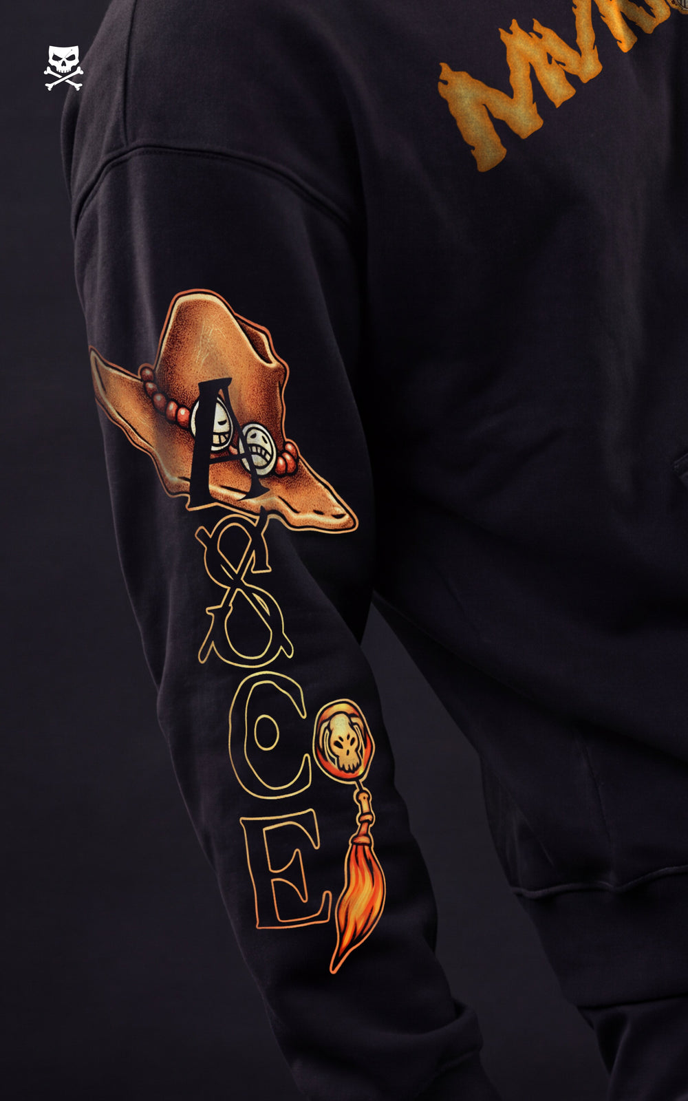 Male model in a side pose showcasing the sleeve graphic of a Portgas D. Ace hoodie, featuring Ace’s signature cowboy hat and vertical "ACE" typography on a premium black cotton sweatshirt.