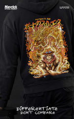 Back view of a man wearing a Mavrick official black streetwear hoodie featuring a large Portgas D. Ace "One Piece" anime graphic with a flame dragon design, posed against a dark studio background with a black stool.