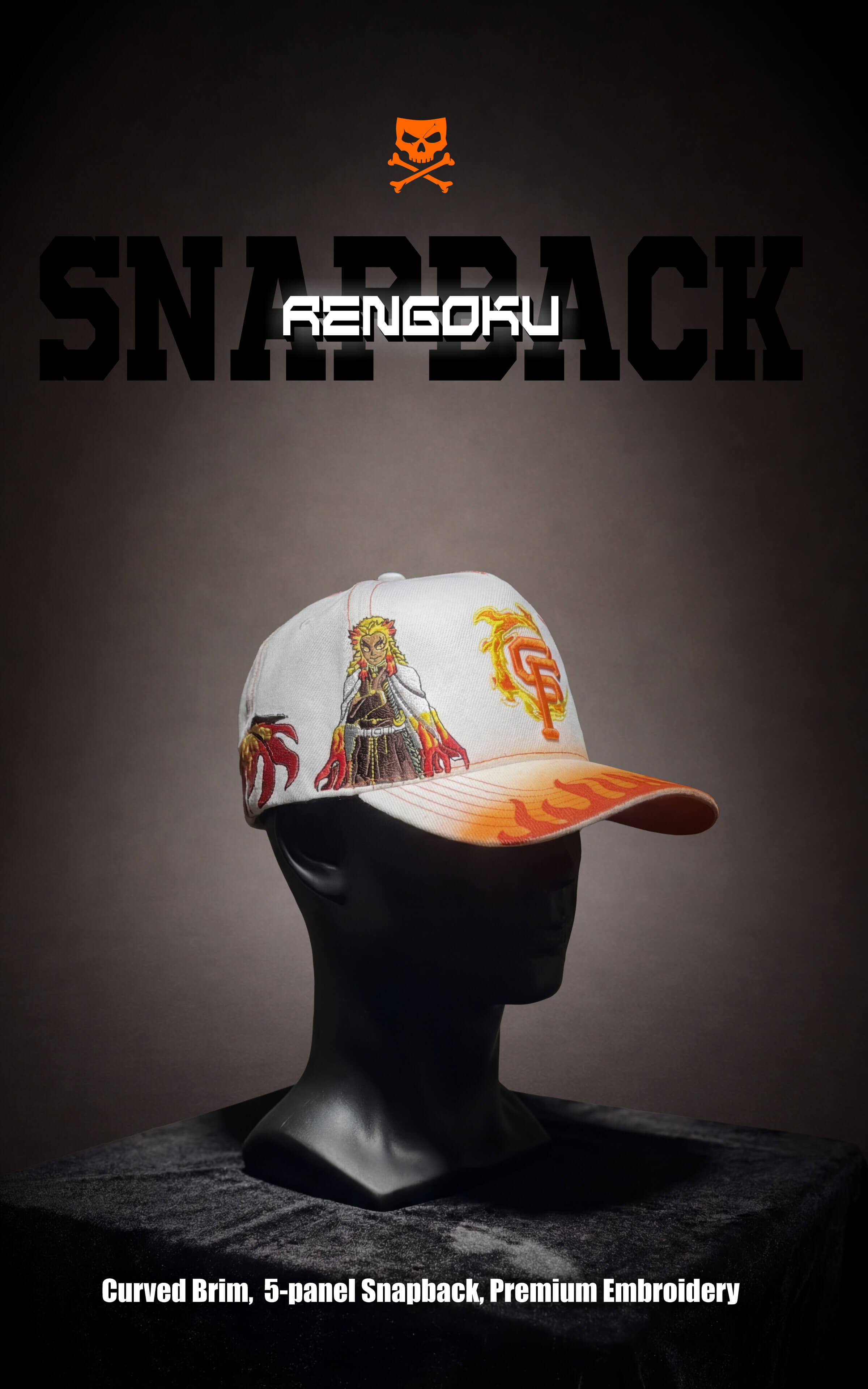 White and orange Rengoku snapback hat with character embroidery and a flaming SF logo.