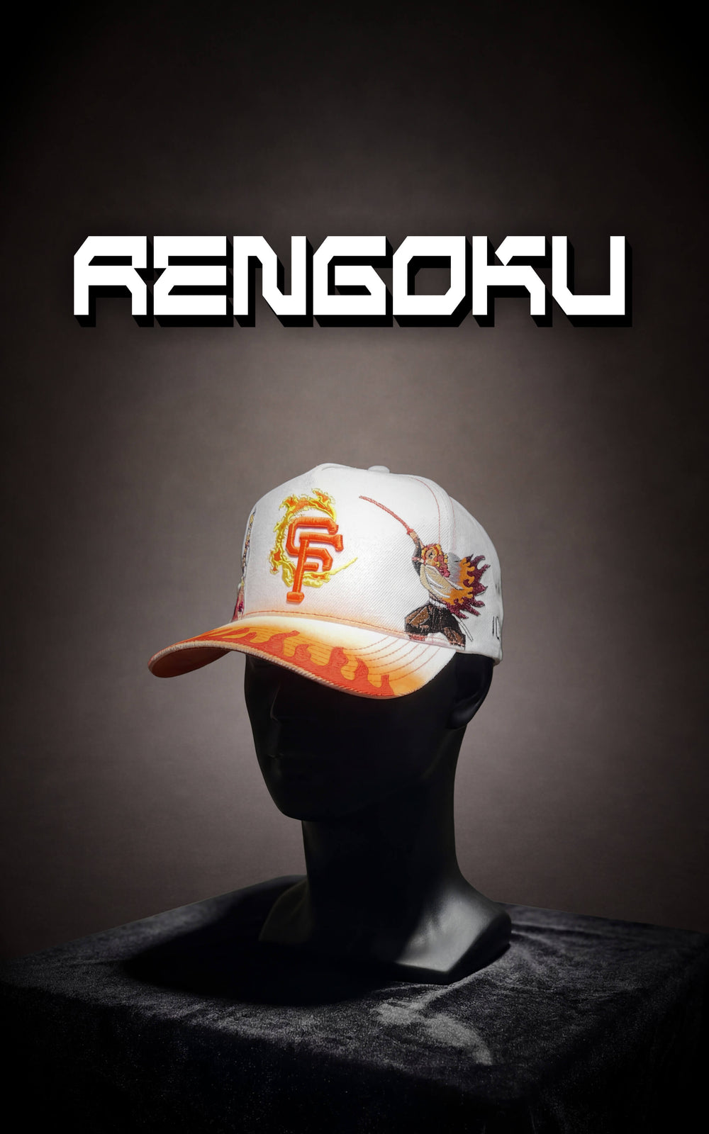Front view of a white Rengoku anime snapback featuring a flame-themed SF logo and orange gradient brim.