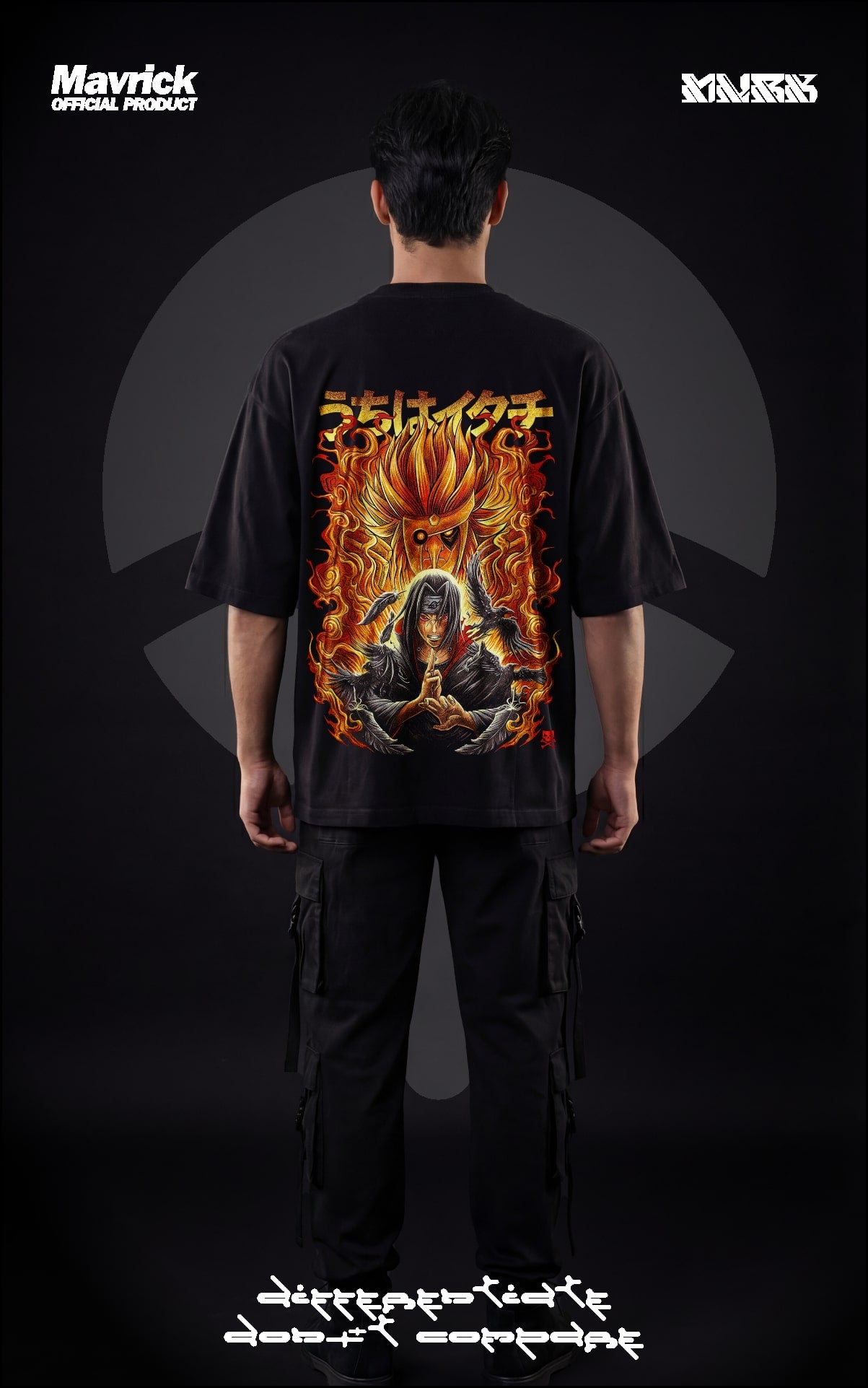 Back view of a model in a black heavyweight oversized t-shirt featuring Itachi Uchiha with a flaming orange Susanoo, black crows, and Japanese kanji streetwear design.