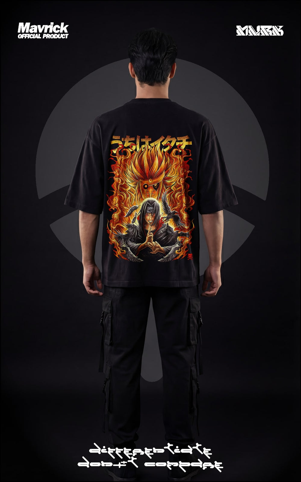 Back view of a model in a black heavyweight oversized t-shirt featuring Itachi Uchiha with a flaming orange Susanoo, black crows, and Japanese kanji streetwear design.