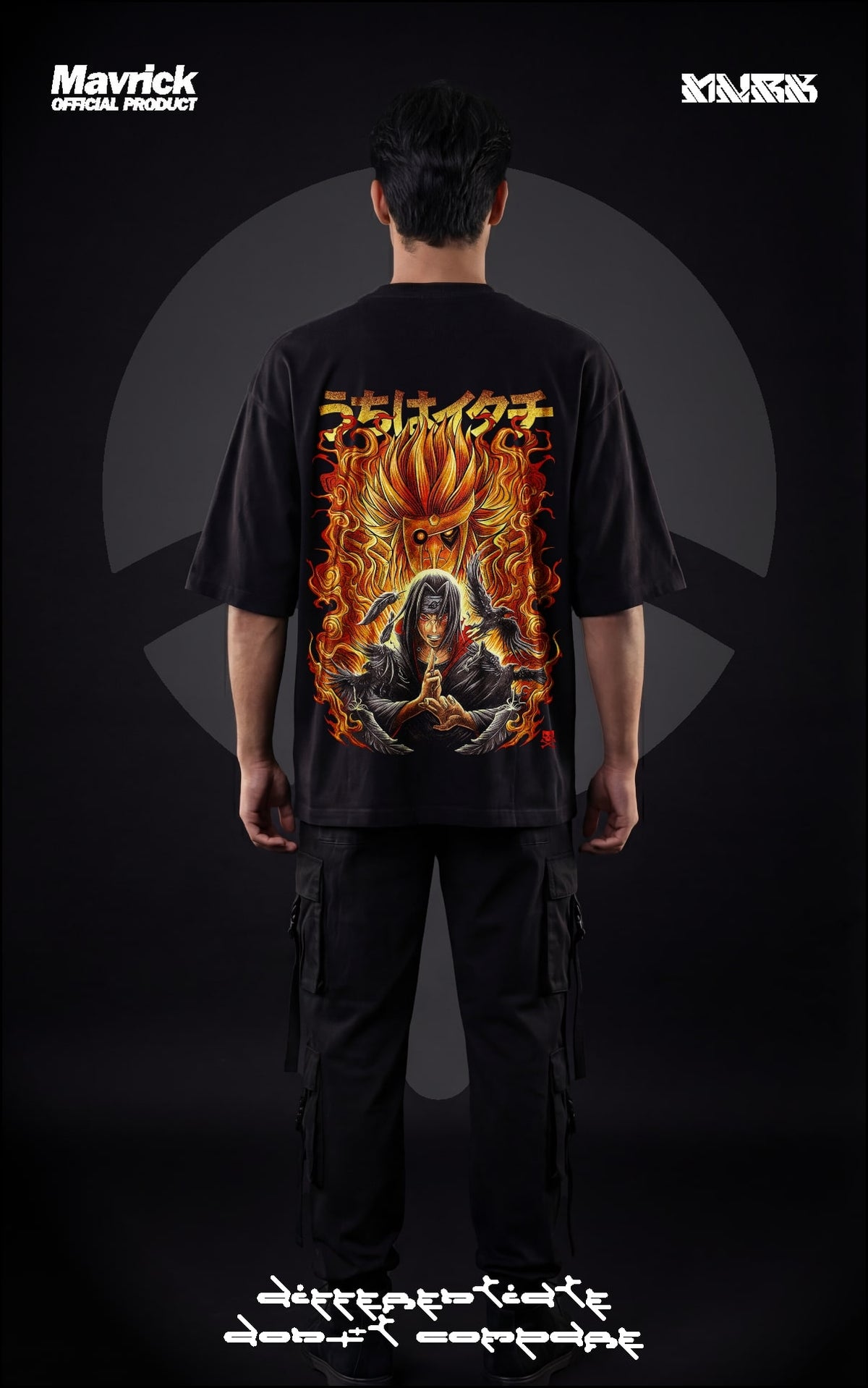 Back view of a model in a black heavyweight oversized t-shirt featuring Itachi Uchiha with a flaming orange Susanoo, black crows, and Japanese kanji streetwear design.