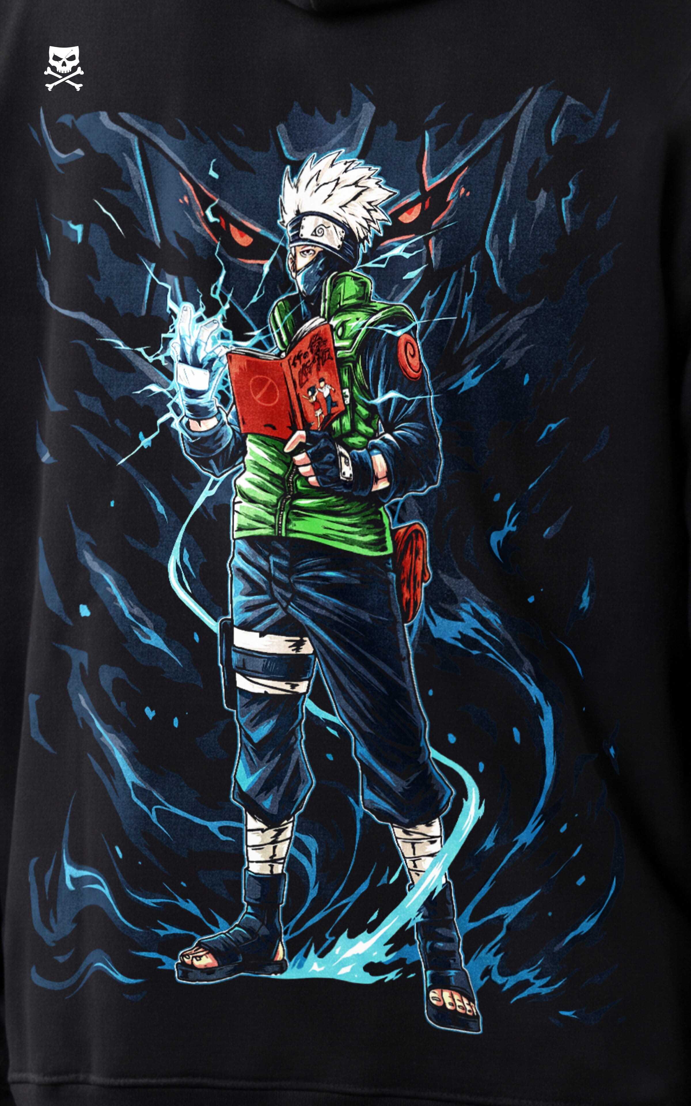 High-definition close-up of the Kakashi Hatake anime back print on a black hoodie, showing the character with a Sharingan glow and blue energy aura.