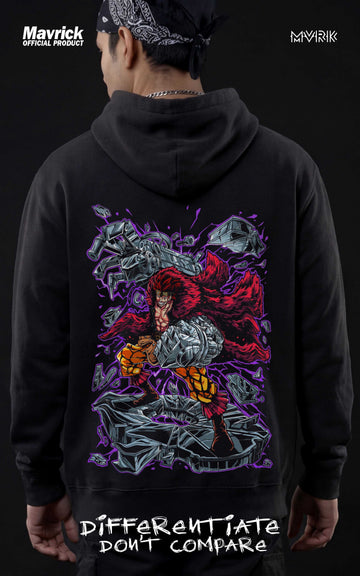 Back view of a model wearing a Mavrick official product hoodie with a large, vibrant graphic of Eustass Kid using his Punk Gibson metal arm, surrounded by purple energy and floating scrap metal.