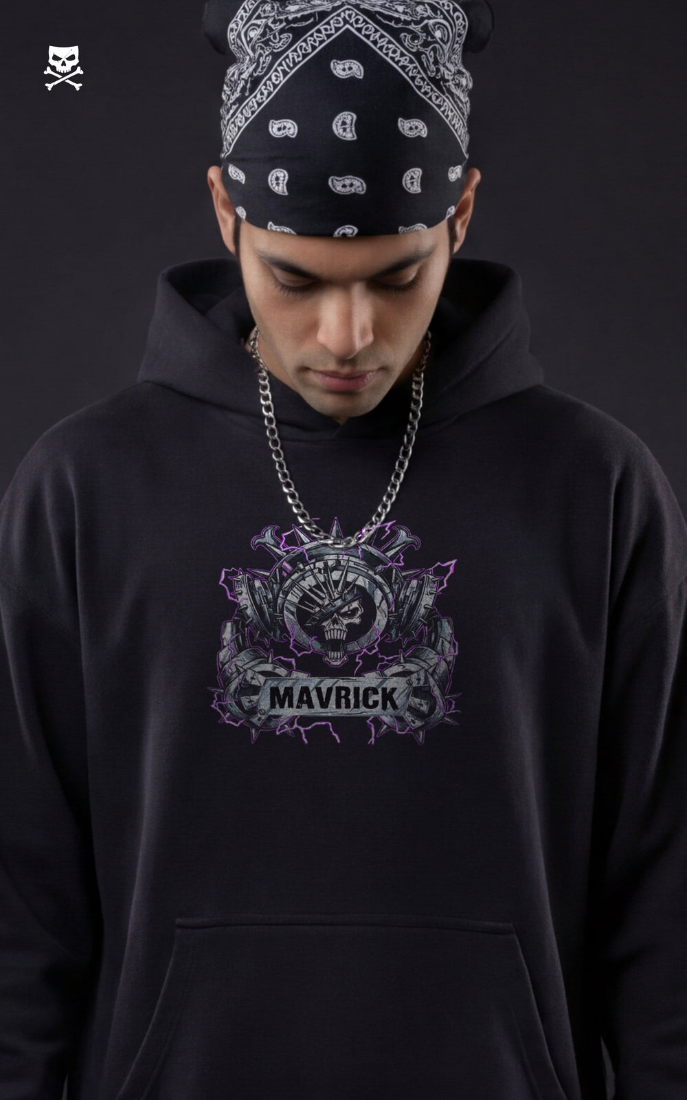 Front view of a model in a black Mavrick streetwear hoodie featuring a purple and silver Eustass Kid skull logo on the chest, styled with a black paisley bandana and silver chain.