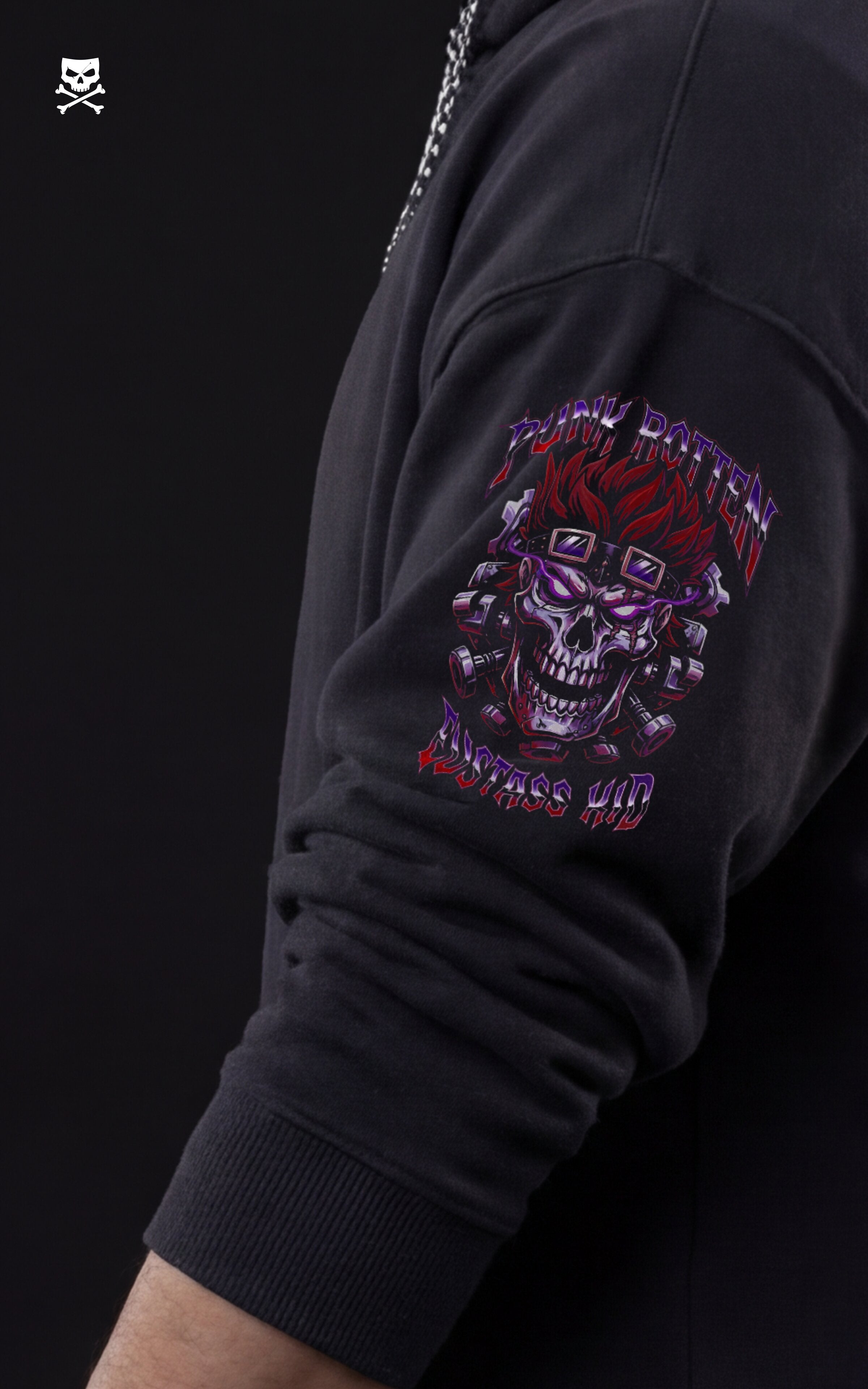 Side profile of a black Mavrick anime hoodie showcasing a detailed sleeve graphic of a stylized Eustass Kid skull with goggles and "Punk Rotten" typography in purple and red.